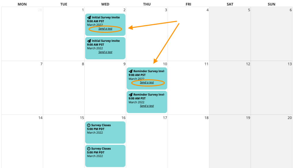picture of the survey schedule menu in month view with arrows pointed at