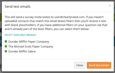 Menu of survey preview demonstrating the users ability to send one survey per brand. 